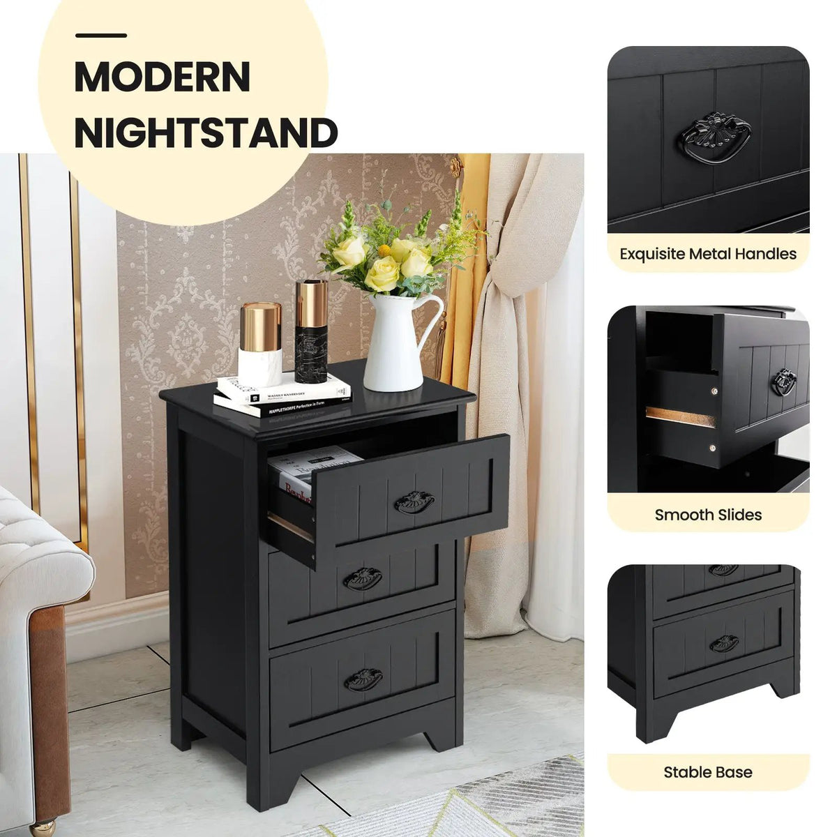 Farmhouse Nightstand with 3 Storage Drawers and Handles, photo 8 of 10