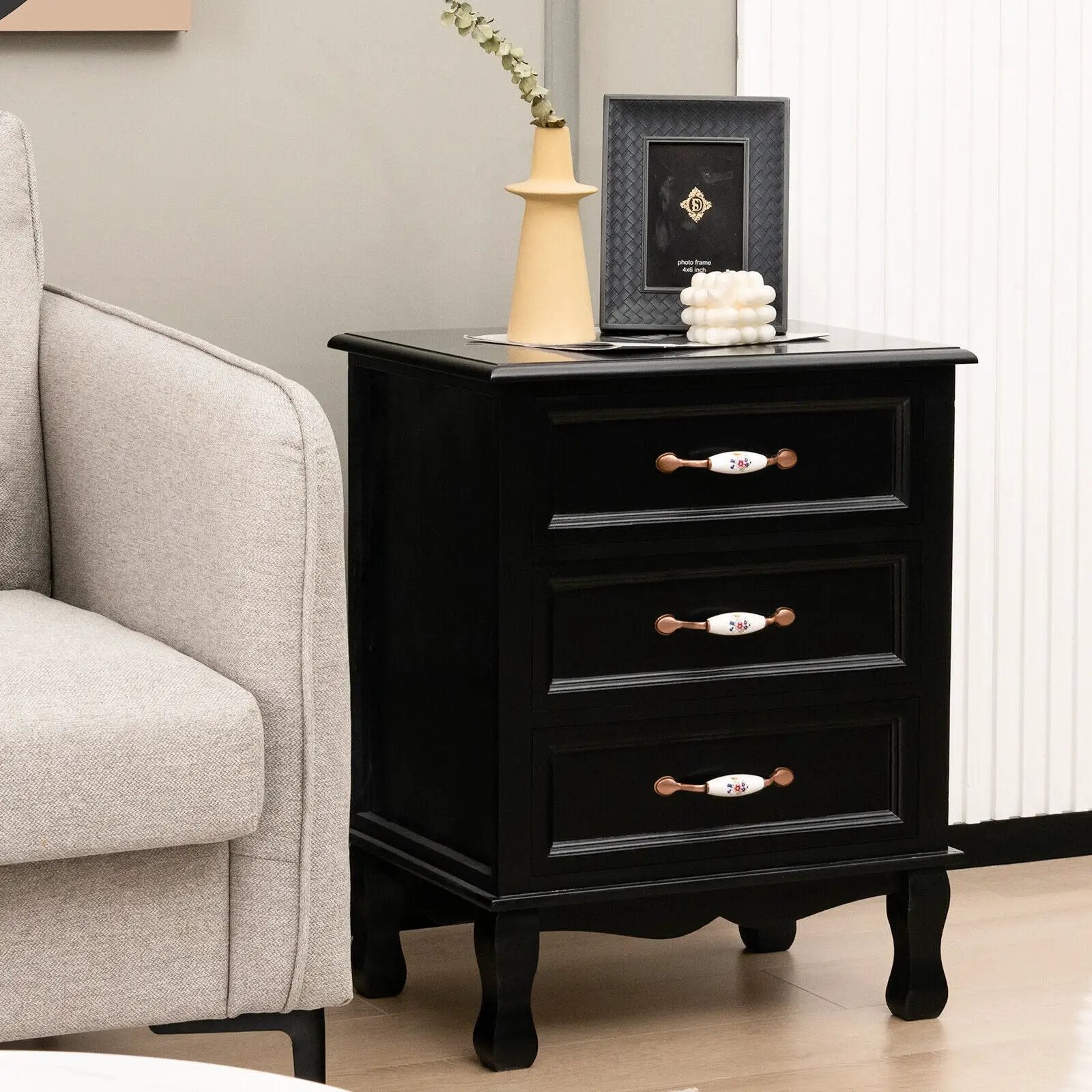 3 Drawers Nightstand with Solid Wood Legs for Living Room Bedroom-Black by DirectDeals