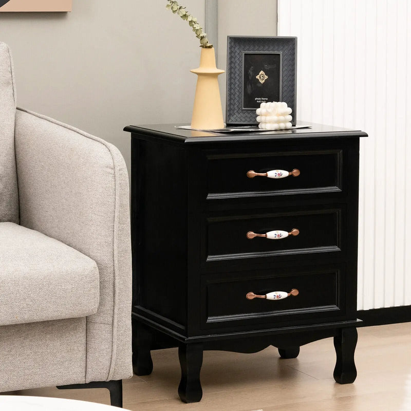 3 Drawers Nightstand with Solid Wood Legs for Living Room Bedroom-Black by DirectDeals