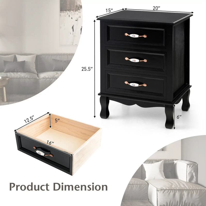 3 Drawers Nightstand with Solid Wood Legs for Living Room Bedroom-Black by DirectDeals
