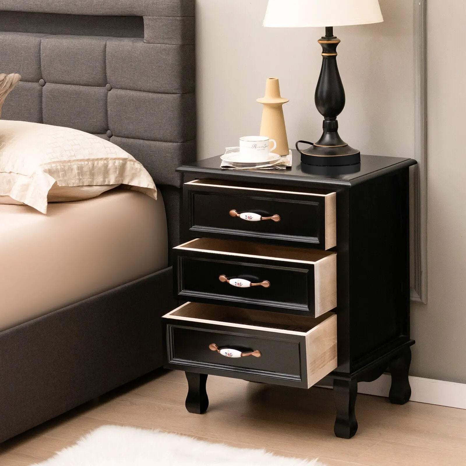 3 Drawers Nightstand with Solid Wood Legs for Living Room Bedroom-Black by DirectDeals