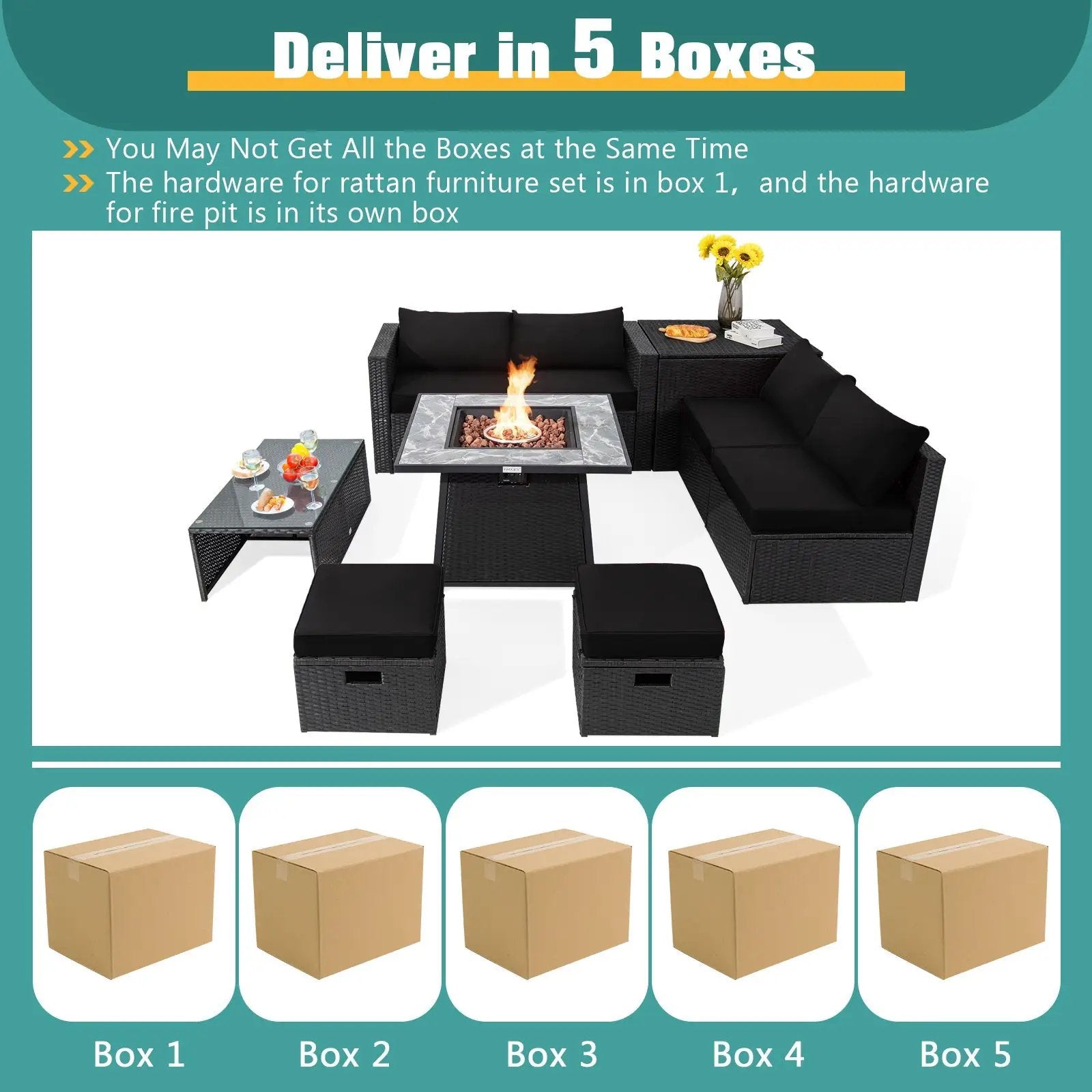 9 Pieces Outdoor Wicker Sectional with 35 Inch Gas Fire Pit Table by DirectDeals