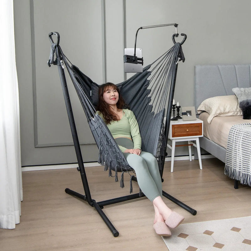 Height Adjustable Hammock Chair with Phone Holder and Side Pocket-Gray by DirectDeals