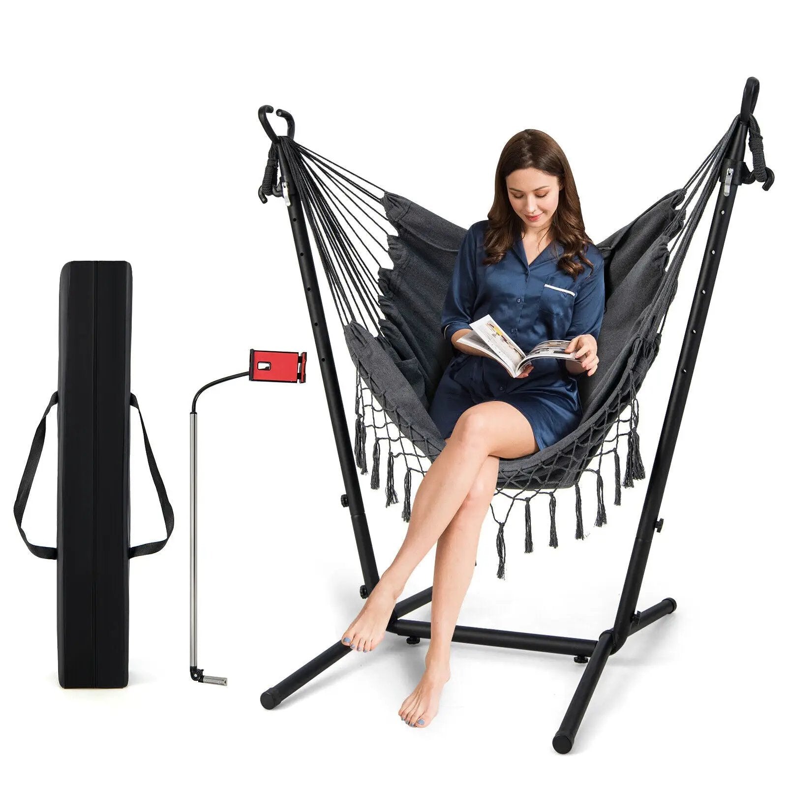 Height Adjustable Hammock Chair with Phone Holder and Side Pocket-Gray by DirectDeals