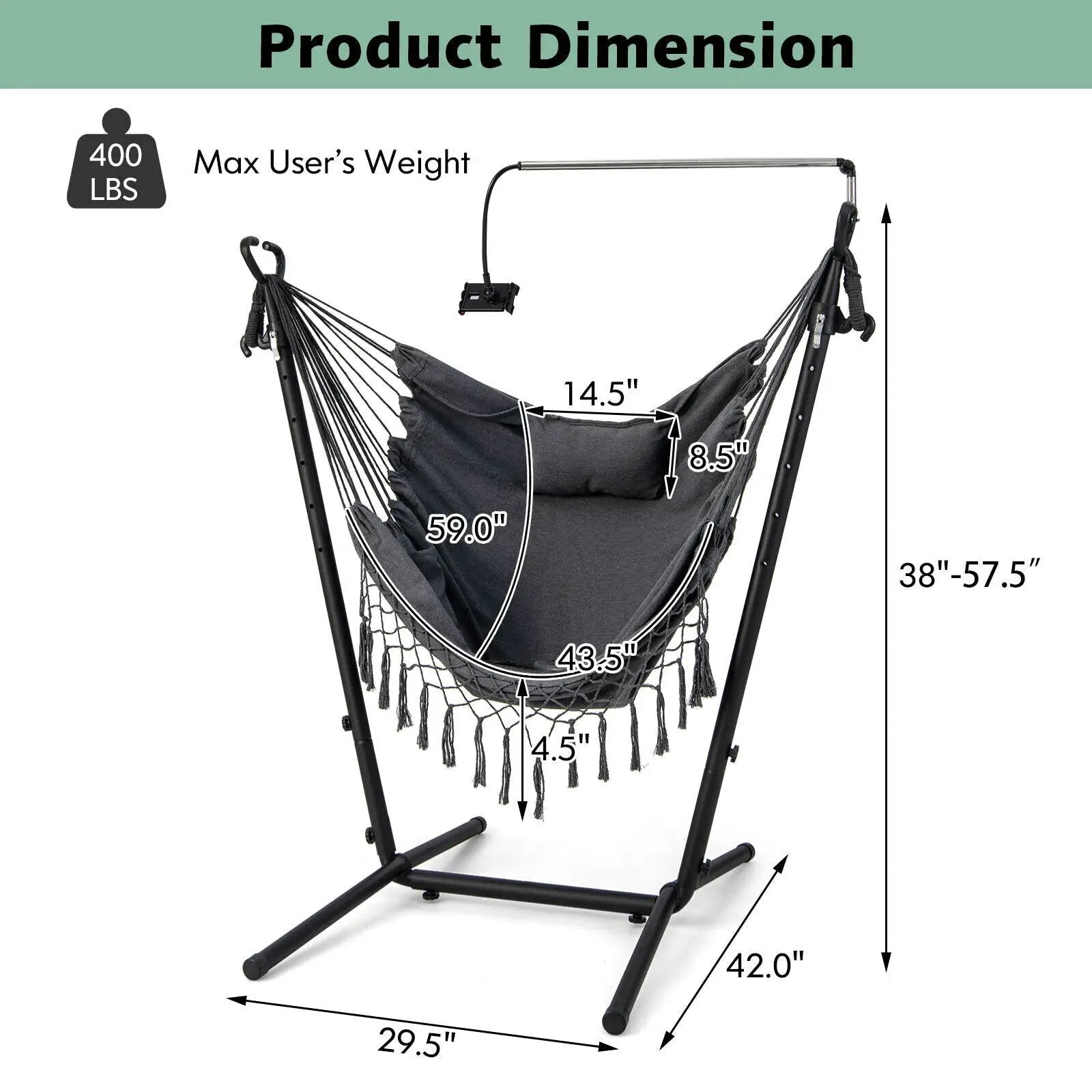 Height Adjustable Hammock Chair with Phone Holder and Side Pocket-Gray by DirectDeals