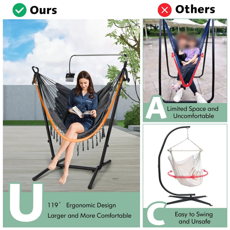 Height Adjustable Hammock Chair with Phone Holder and Side Pocket-Gray by DirectDeals