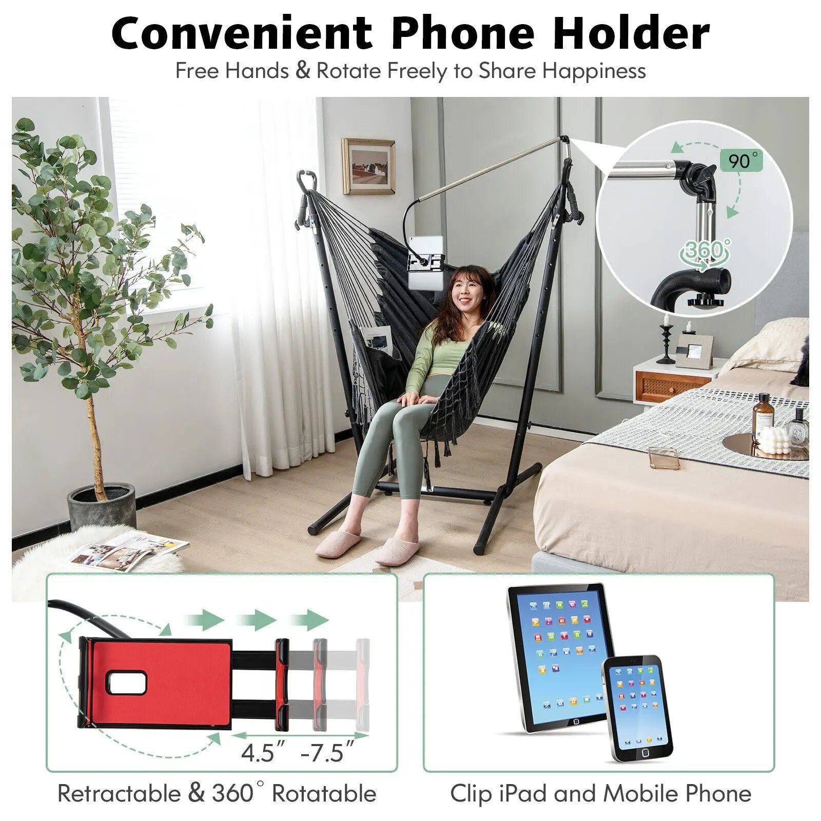 Height Adjustable Hammock Chair with Phone Holder and Side Pocket-Gray by DirectDeals