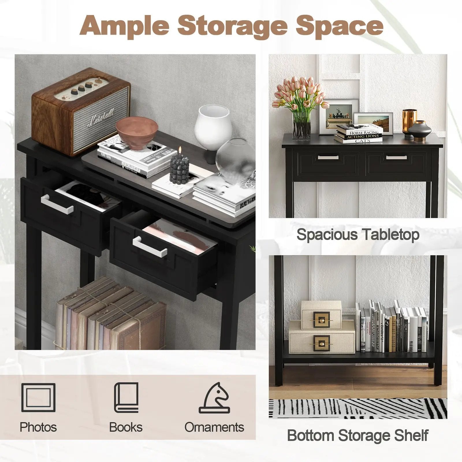 Narrow Console Table with Drawers and Open Storage Shelf by DirectDeals