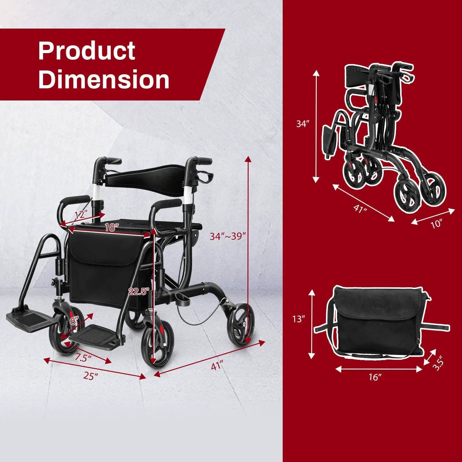 Folding Rollator Walker with 8-inch Wheels and Seat by DirectDeals