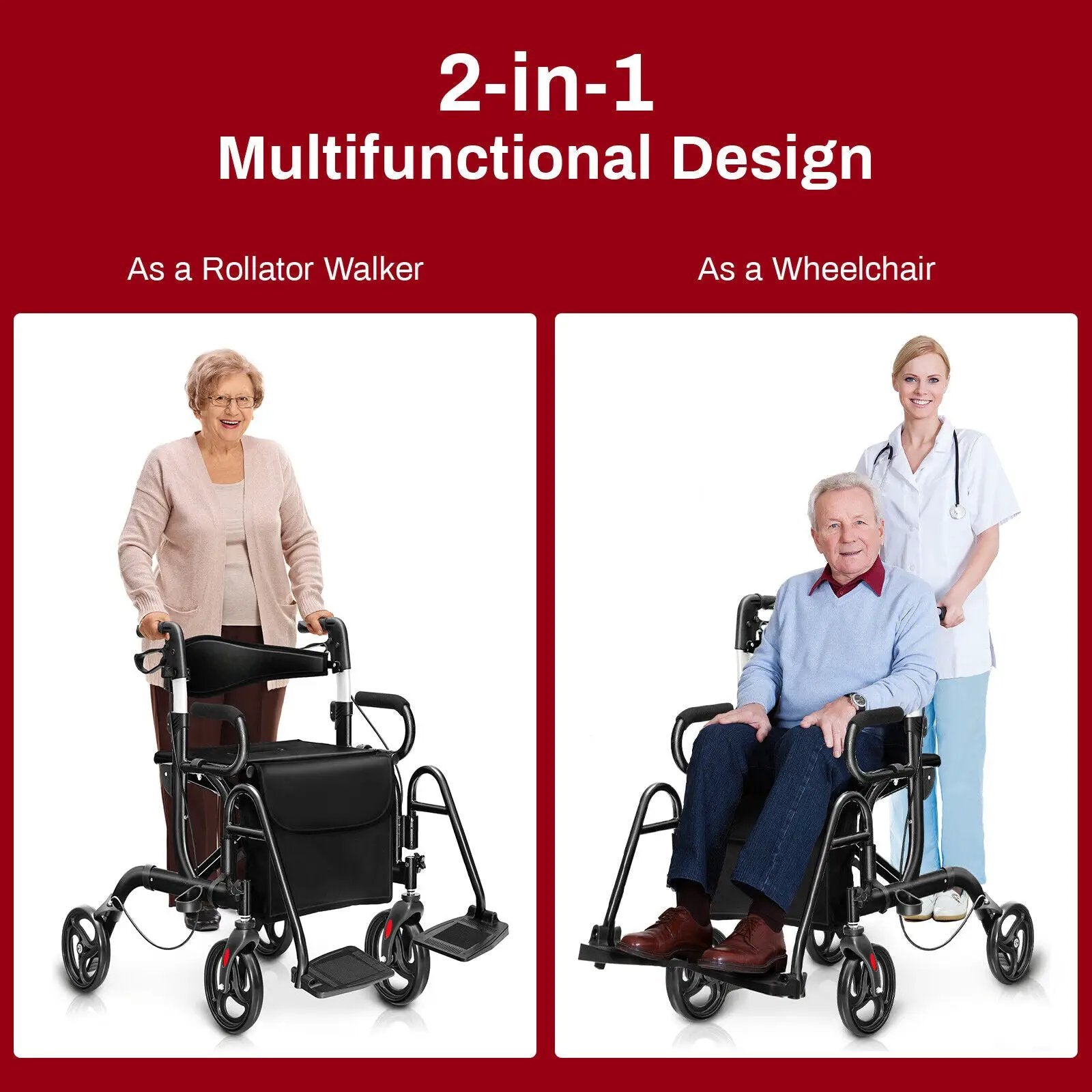 Folding Rollator Walker with 8-inch Wheels and Seat by DirectDeals