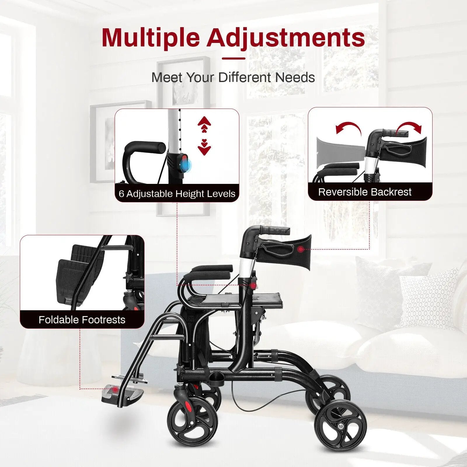 Folding Rollator Walker with 8-inch Wheels and Seat by DirectDeals