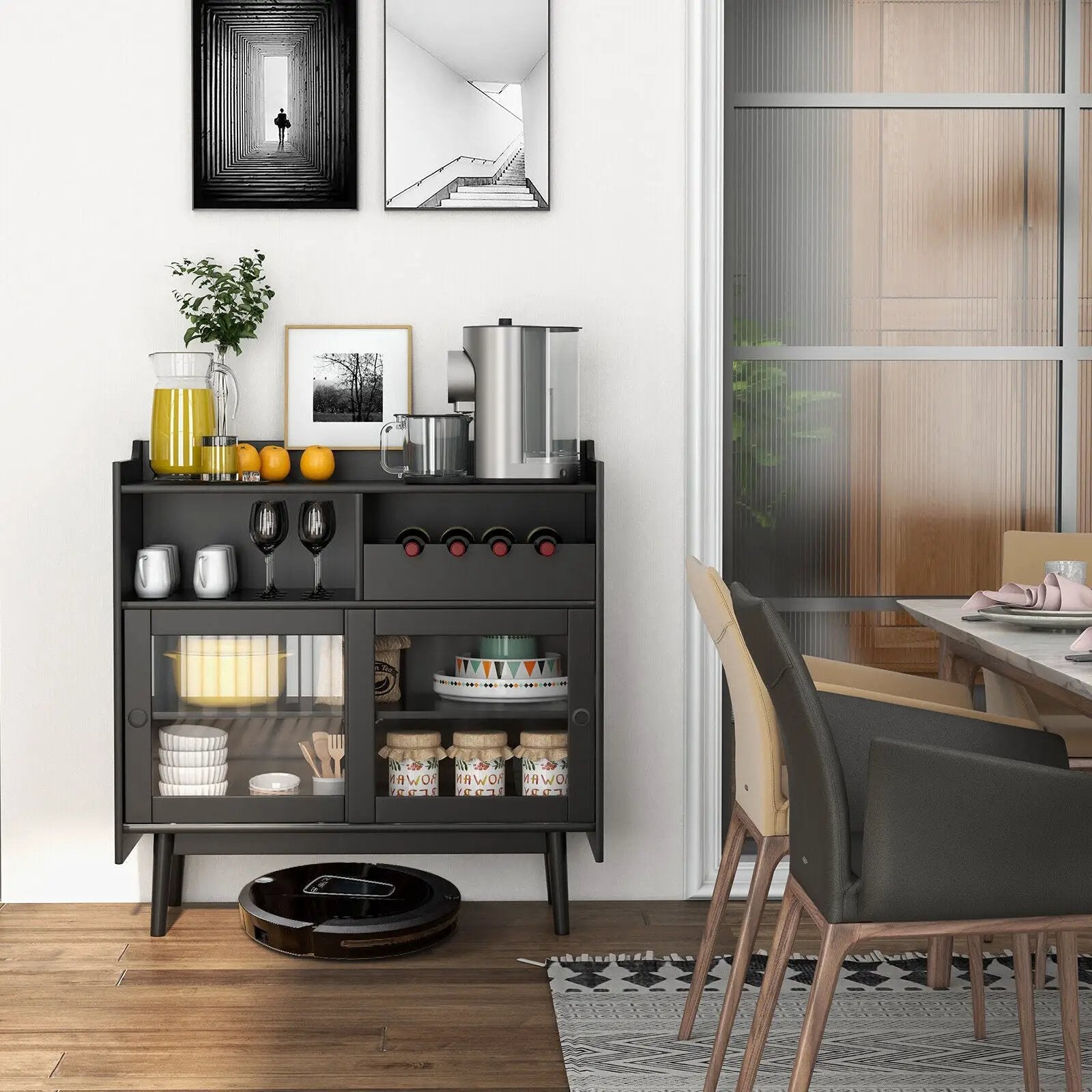 Kitchen Buffet Sideboard with Wine Rack and Sliding Door-Black by DirectDeals