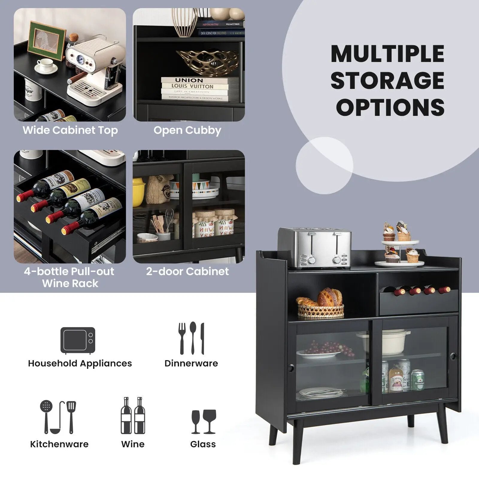 Kitchen Buffet Sideboard with Wine Rack and Sliding Door-Black by DirectDeals