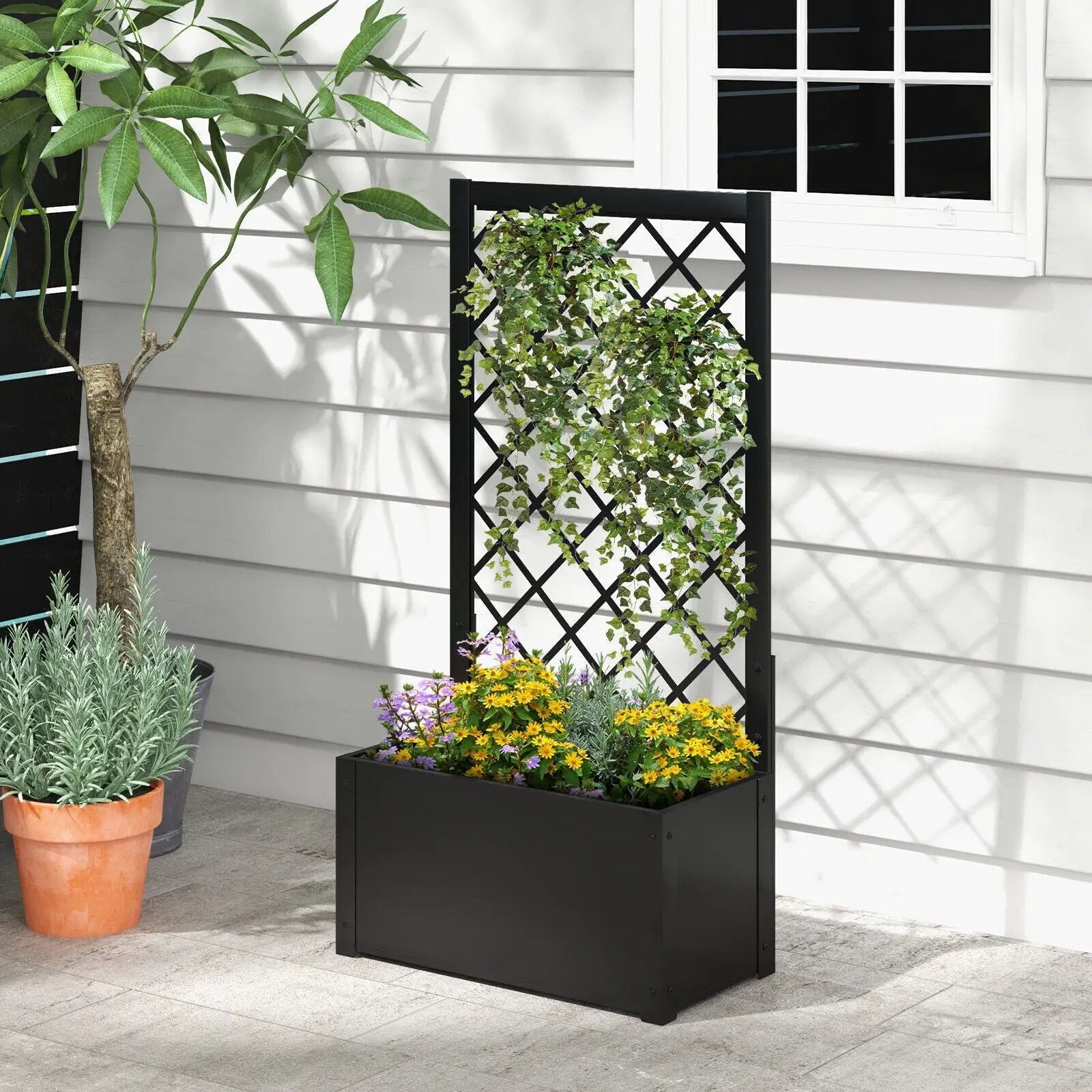 44 Inch Metal Raised Garden Bed with Trellis-Black by DirectDeals