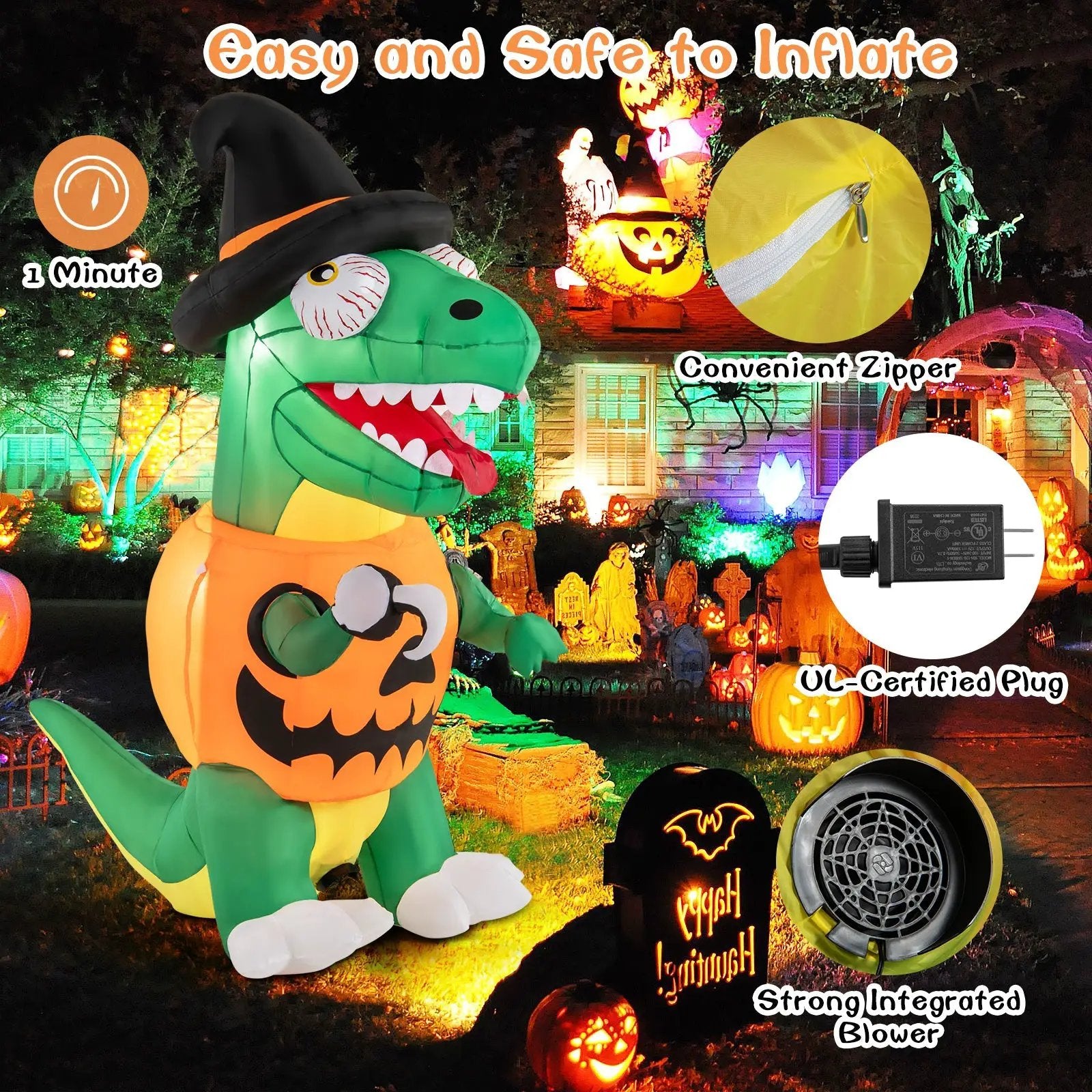 Blow up Inflatable Pumpkin Dinosaur Yard Decoration with Built-in LED Lights by DirectDeals