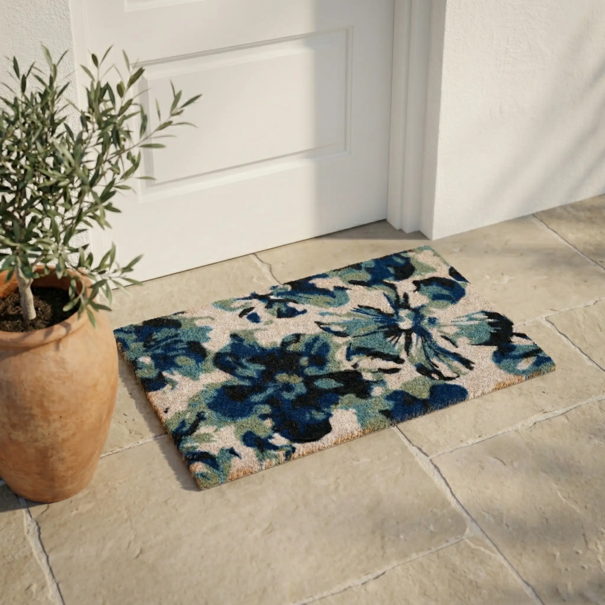 Blue Floral Doormat Durable by Fab Habitat