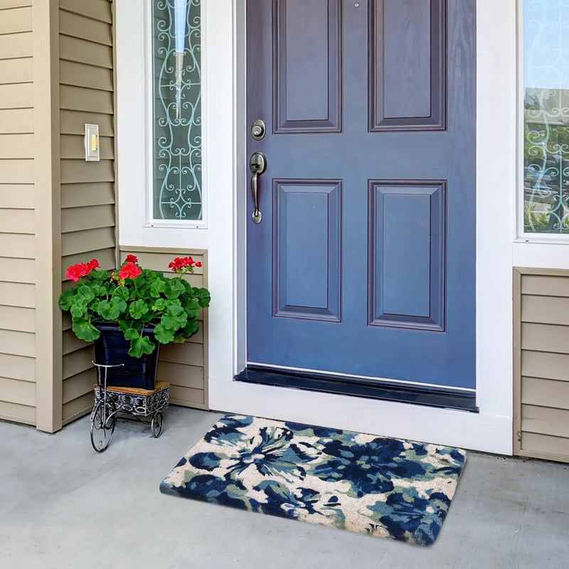 Blue Floral Doormat Durable by Fab Habitat