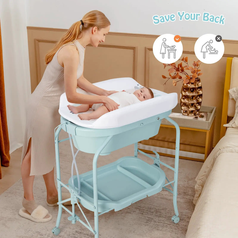 Folding Baby Changing Table with Bathtub and 4 Universal Wheels by DirectDeals