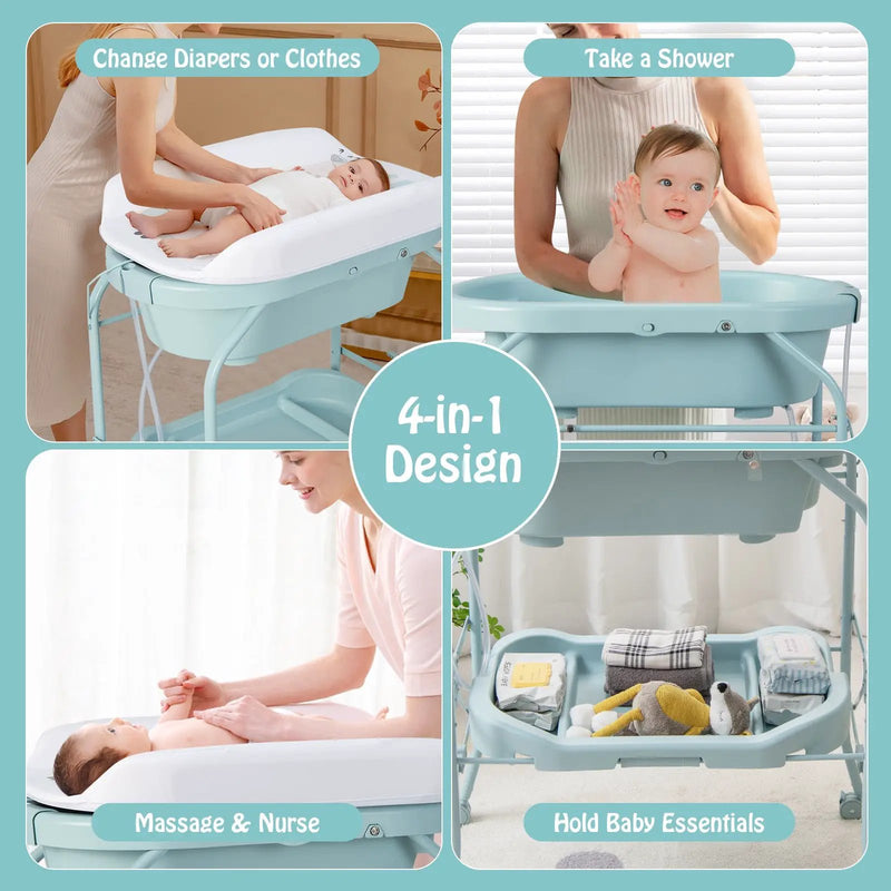 Folding Baby Changing Table with Bathtub and 4 Universal Wheels by DirectDeals