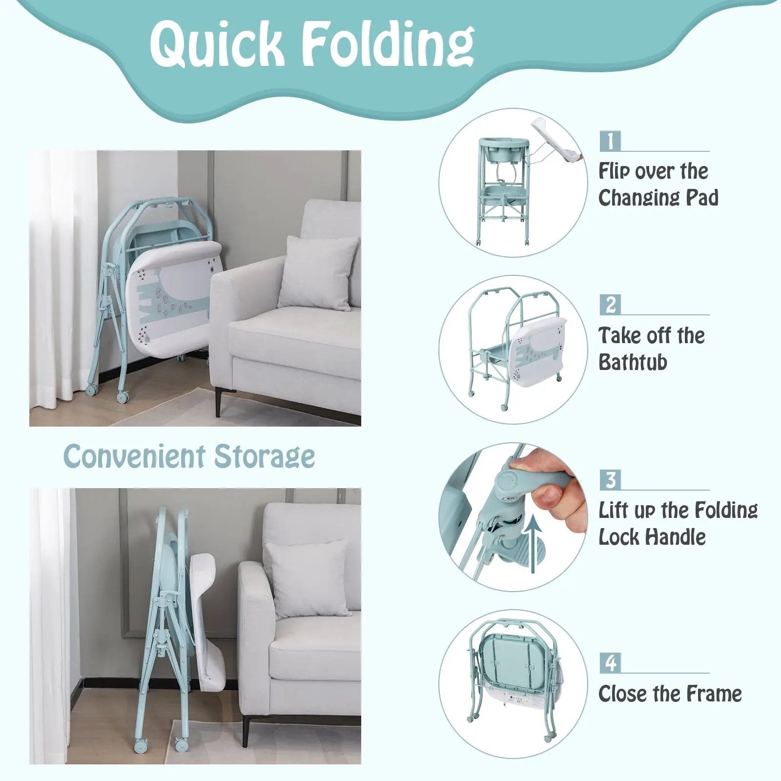 Folding Baby Changing Table with Bathtub and 4 Universal Wheels by DirectDeals