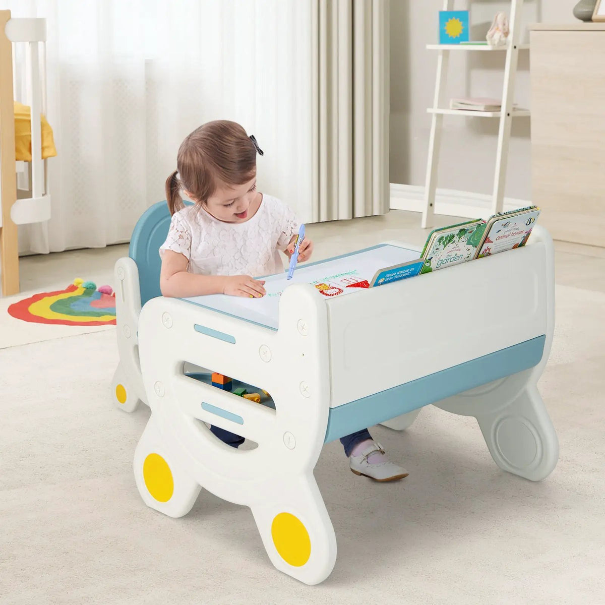 Kids Drawing Table and Chair Set with Watercolor Pens and Blackboard Eraser, dimensions drawing
