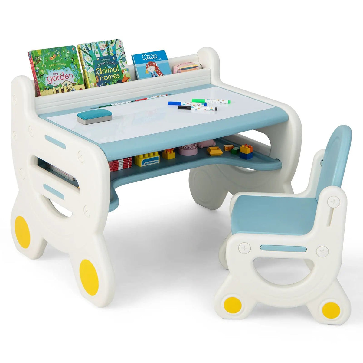 Kids Drawing Table and Chair Set with Watercolor Pens and Blackboard Eraser, dimensions drawing 4