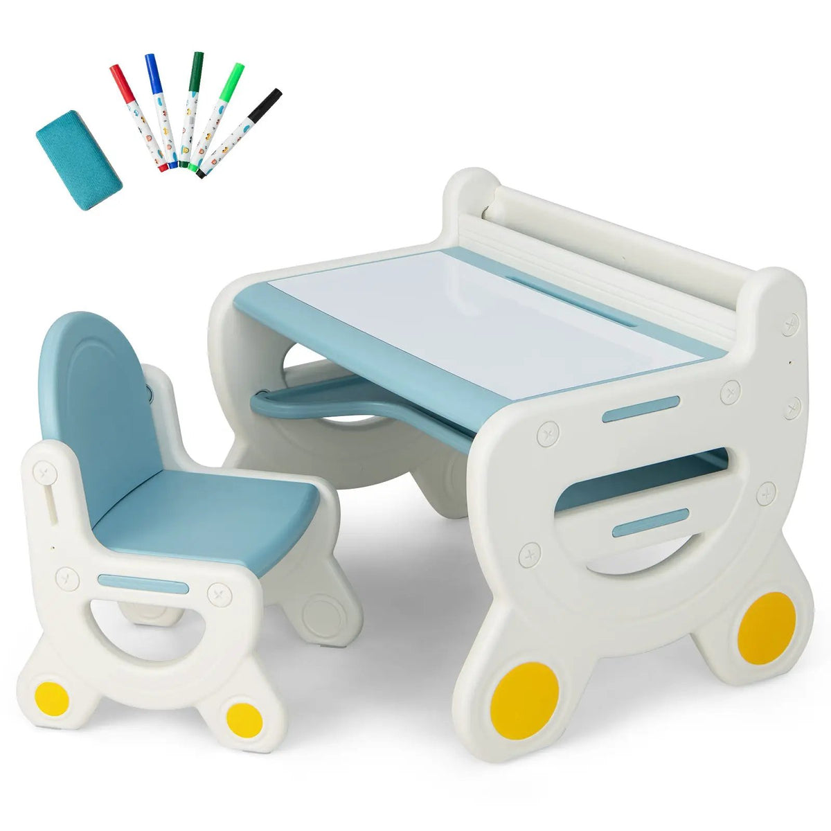 Kids Drawing Table and Chair Set with Watercolor Pens and Blackboard Eraser, dimensions drawing 7