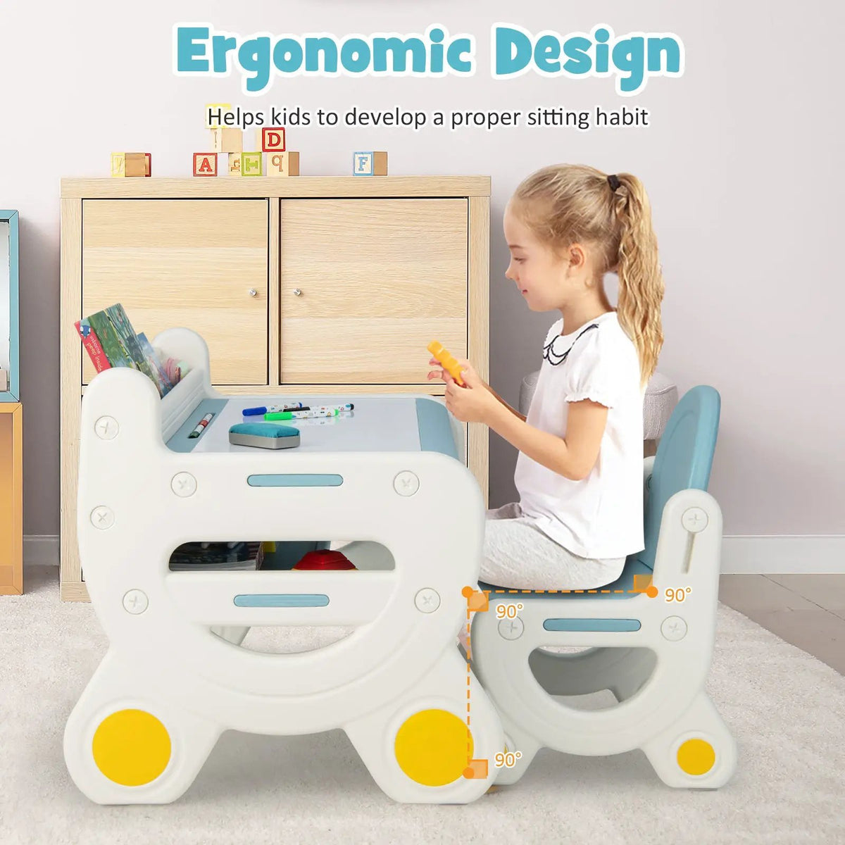 Kids Drawing Table and Chair Set with Watercolor Pens and Blackboard Eraser, dimensions drawing 13