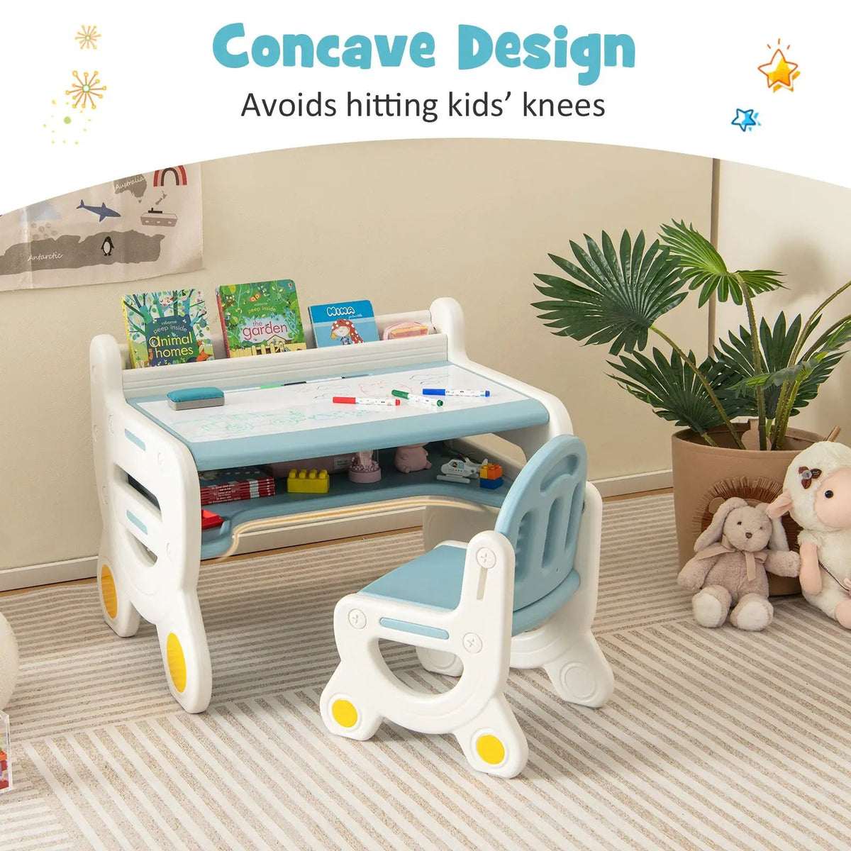 Kids Drawing Table and Chair Set with Watercolor Pens and Blackboard Eraser, dimensions drawing 15