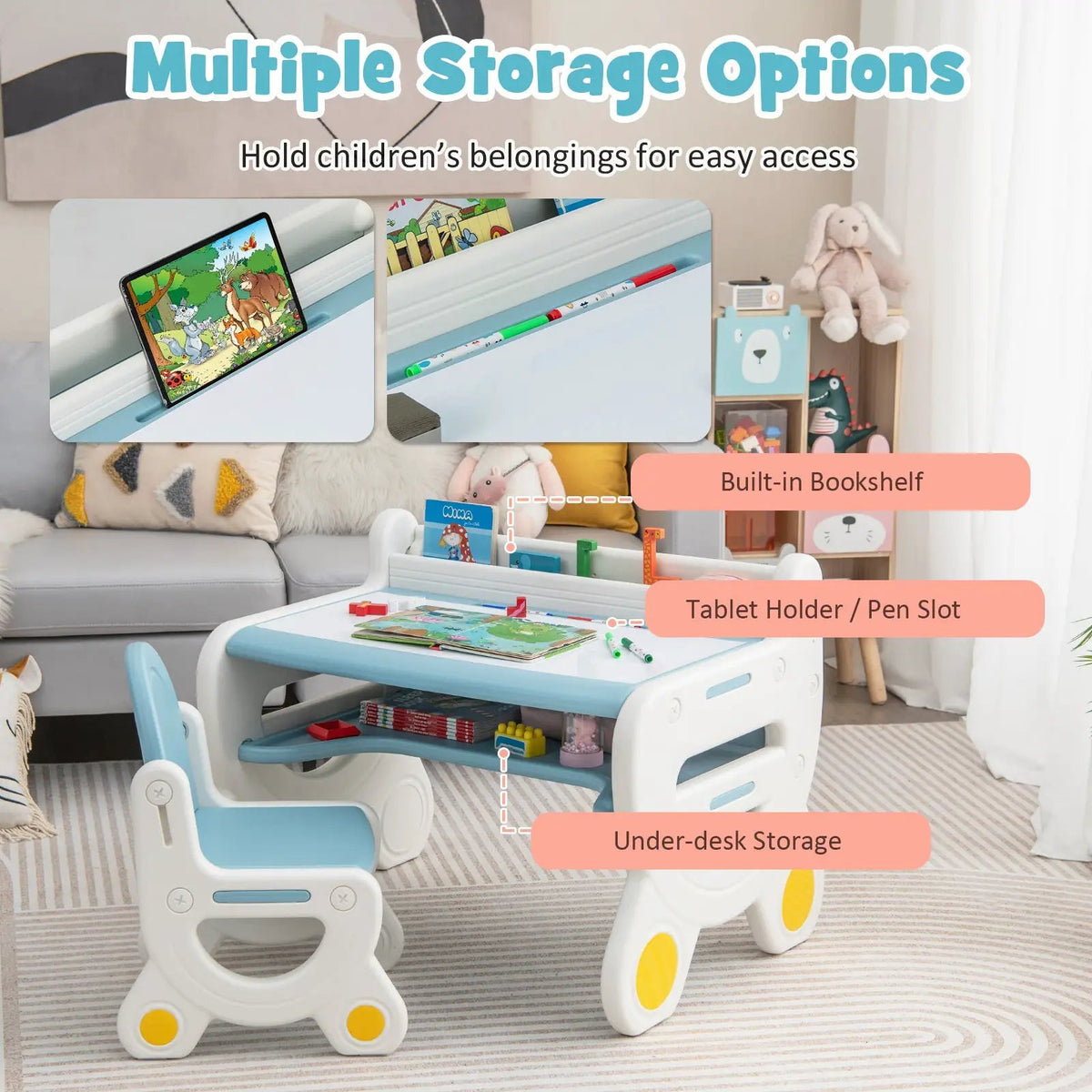 Kids Drawing Table and Chair Set with Watercolor Pens and Blackboard Eraser, dimensions drawing 18