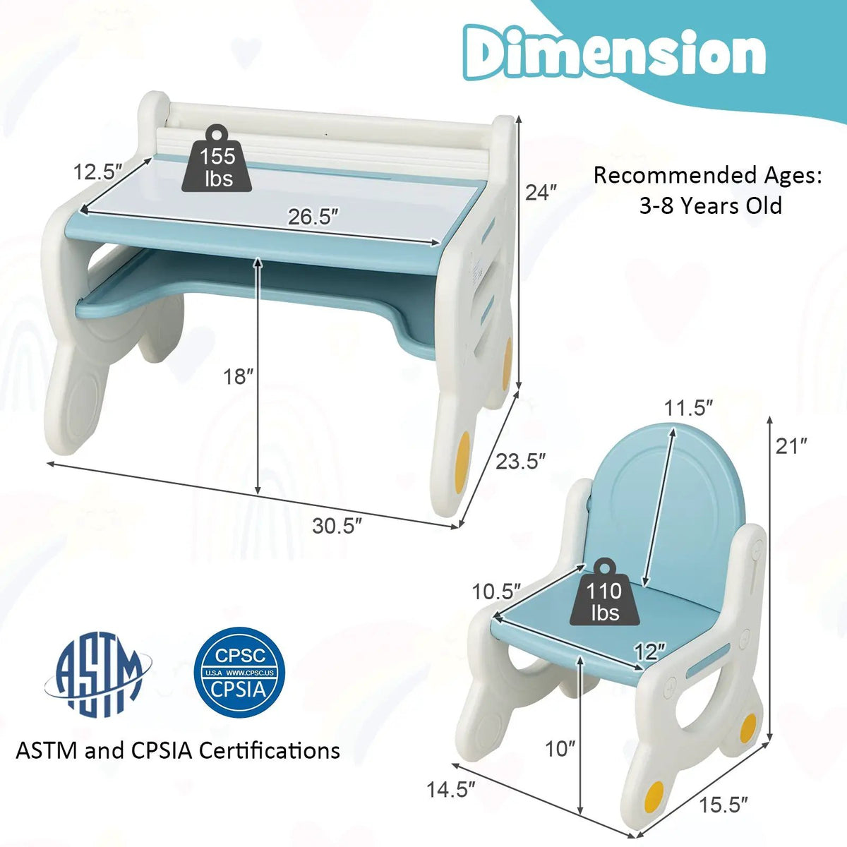 Kids Drawing Table and Chair Set with Watercolor Pens and Blackboard Eraser, dimensions drawing 10
