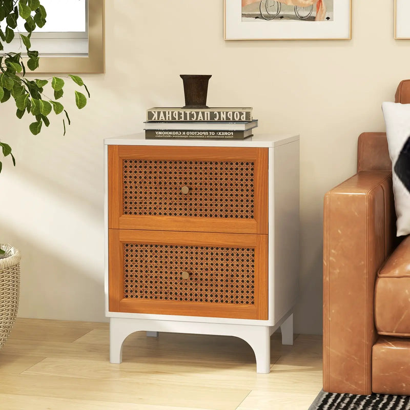 Boho Accent Table Nightstand with 2 Handwoven Rattan Decorated Drawers-White by DirectDeals