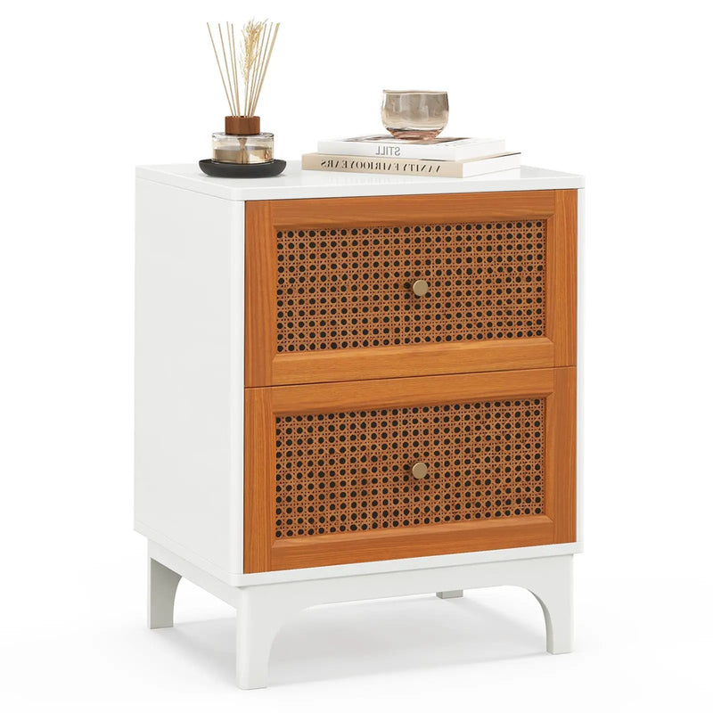 Boho Accent Table Nightstand with 2 Handwoven Rattan Decorated Drawers-White by DirectDeals