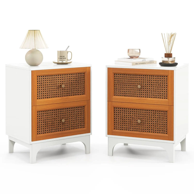 Boho Accent Table Nightstand with 2 Handwoven Rattan Decorated Drawers-White by DirectDeals