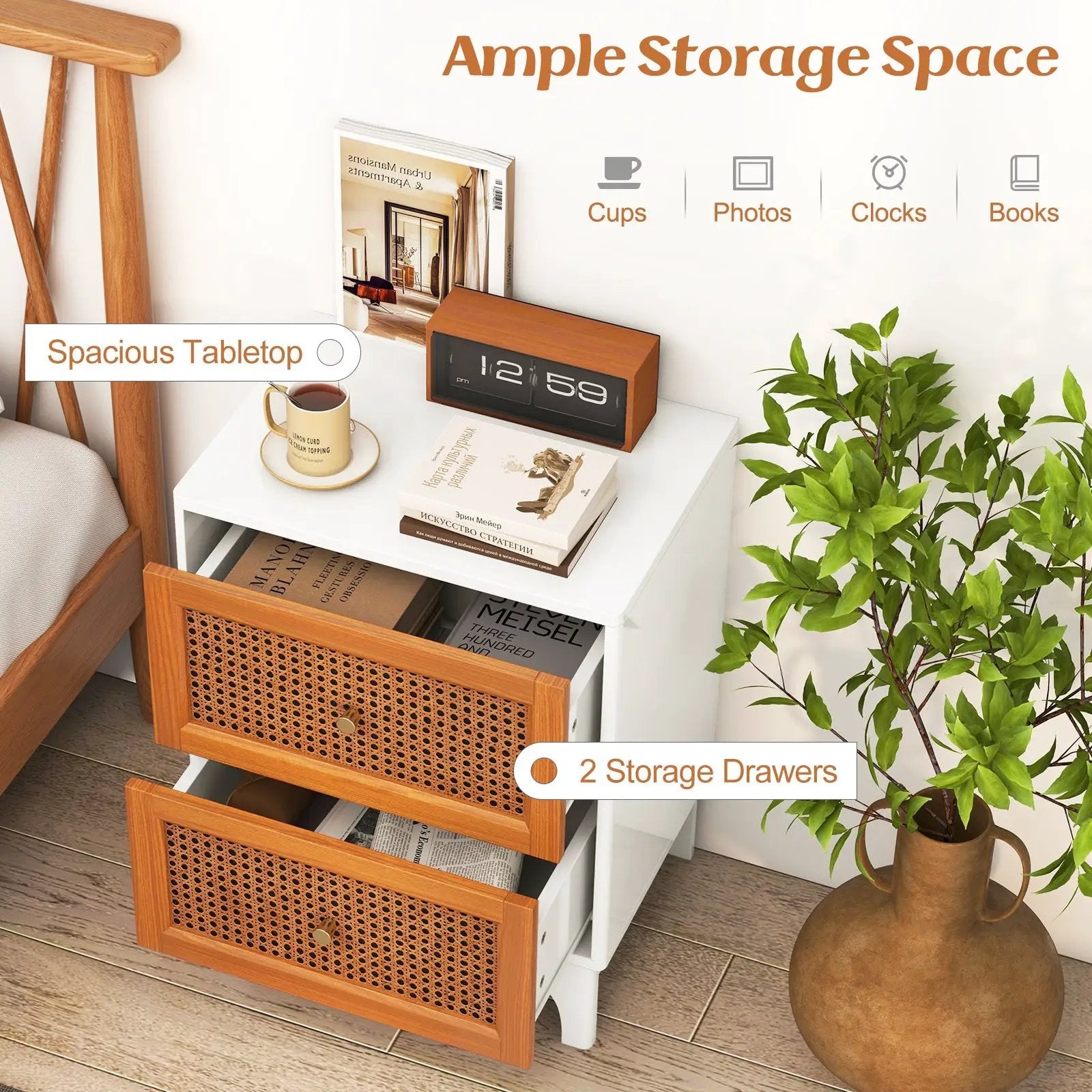 Boho Accent Table Nightstand with 2 Handwoven Rattan Decorated Drawers-White by DirectDeals