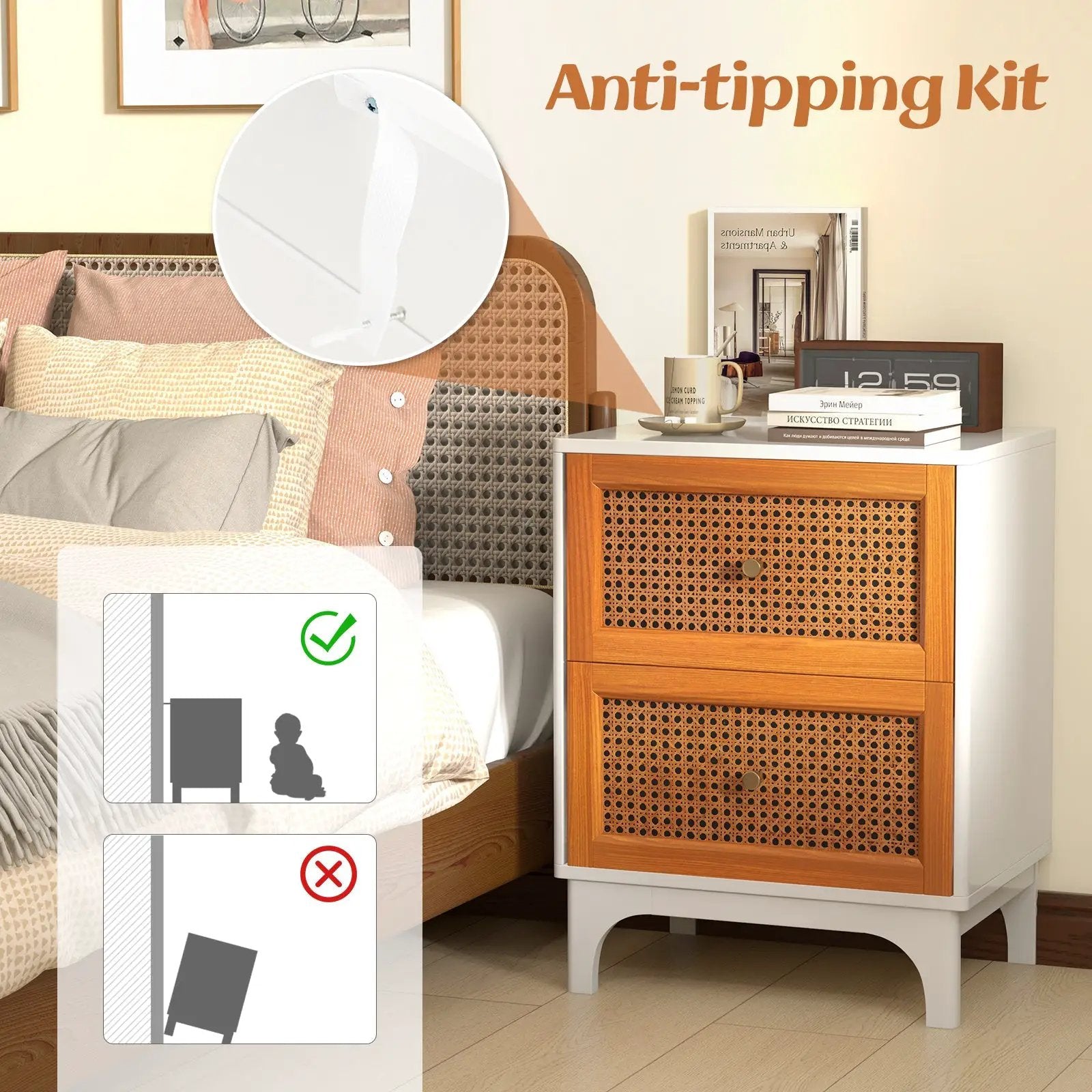 Boho Accent Table Nightstand with 2 Handwoven Rattan Decorated Drawers-White by DirectDeals