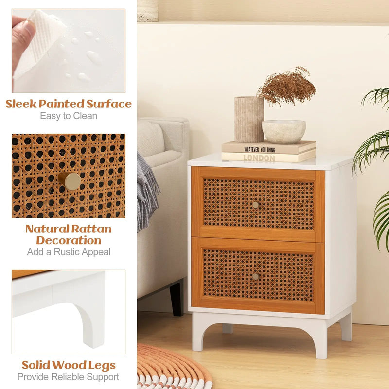 Boho Accent Table Nightstand with 2 Handwoven Rattan Decorated Drawers-White by DirectDeals
