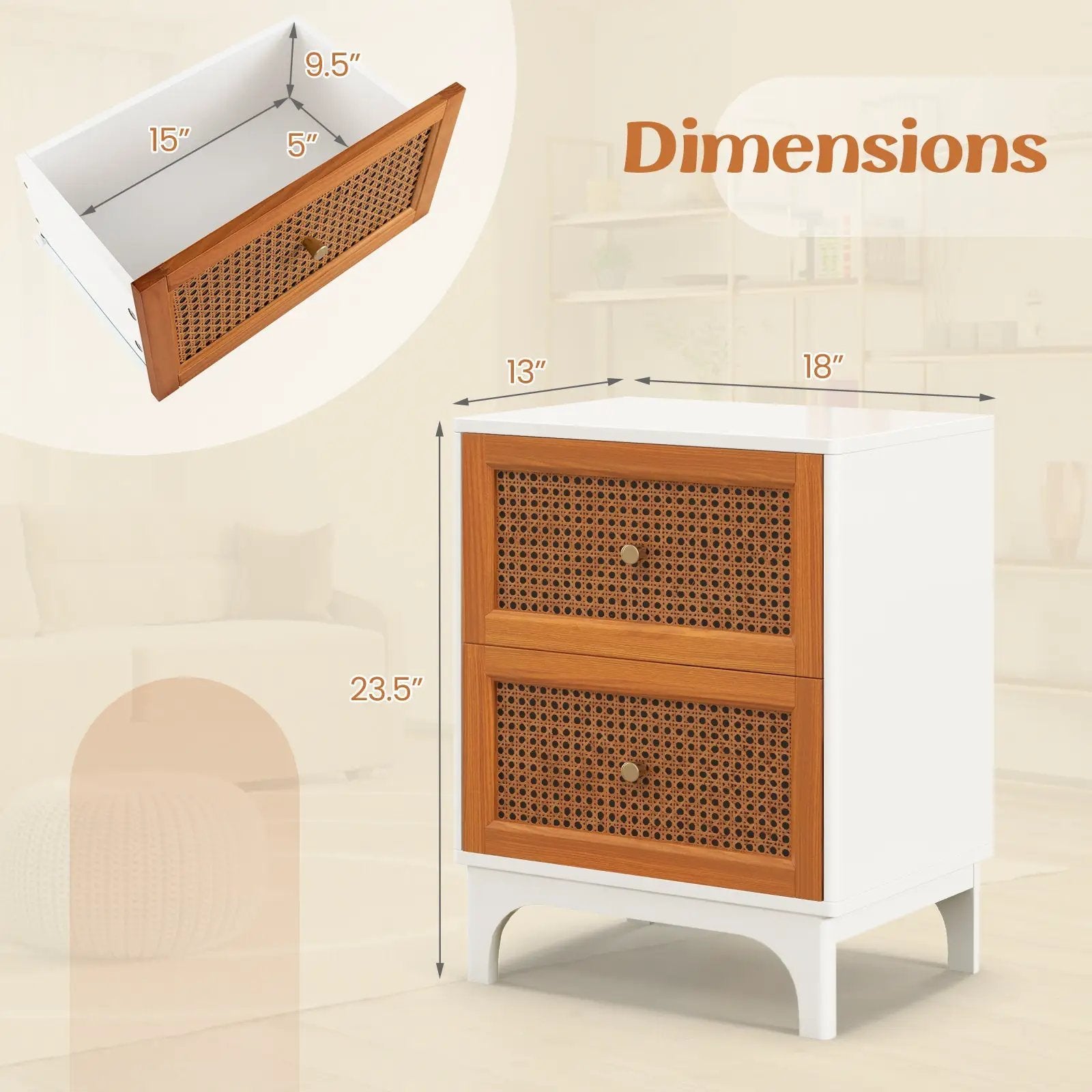 Boho Accent Table Nightstand with 2 Handwoven Rattan Decorated Drawers-White by DirectDeals