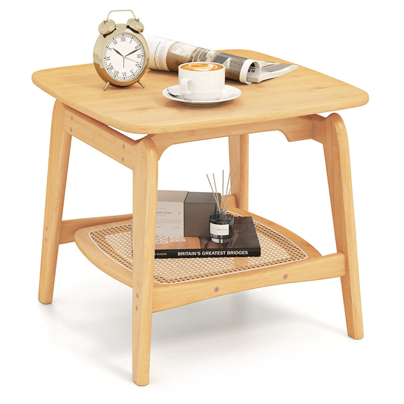 Boho Bamboo Sofa Side Table with Faux Rattan Storage Shelf-Natural by DirectDeals
