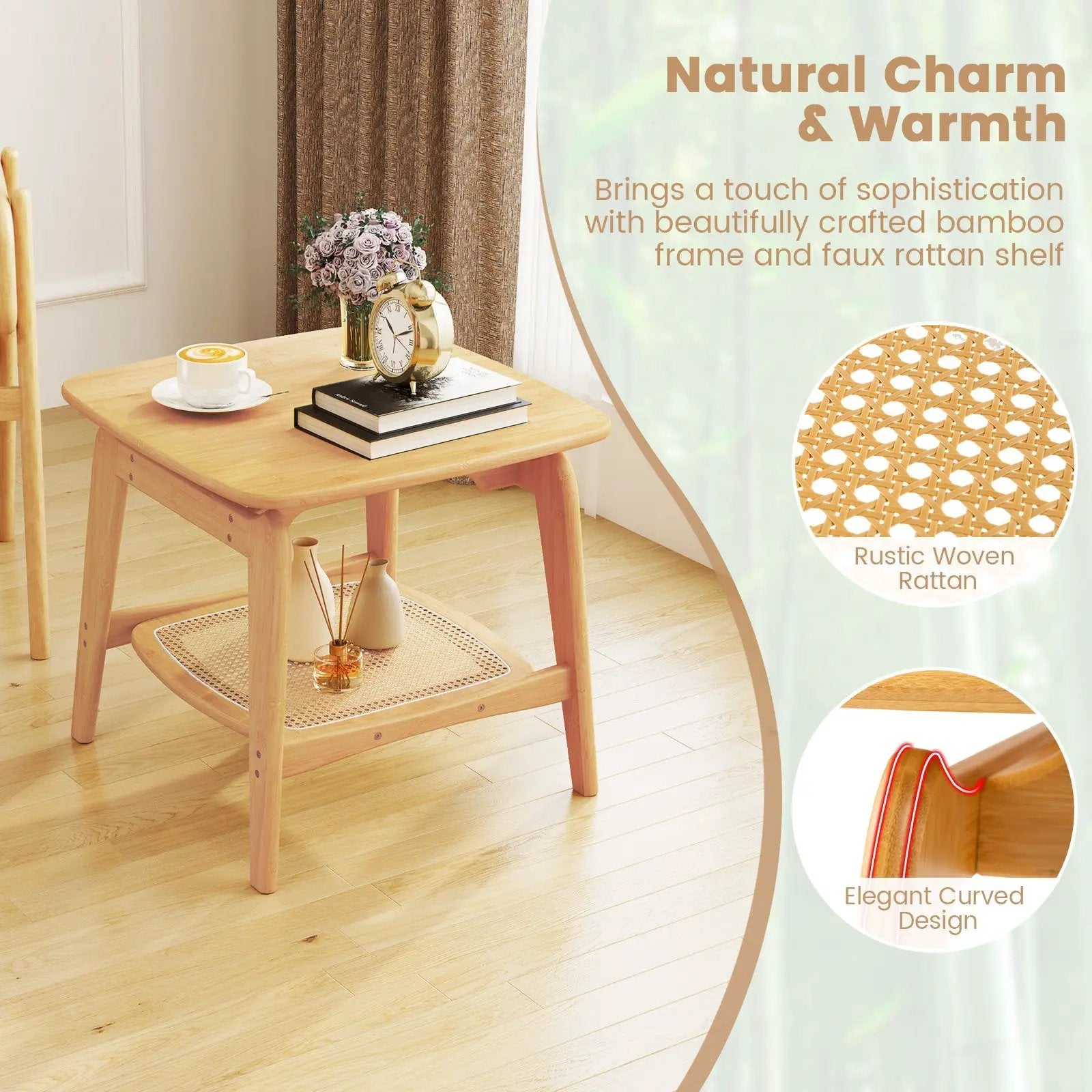 Boho Bamboo Sofa Side Table with Faux Rattan Storage Shelf-Natural by DirectDeals