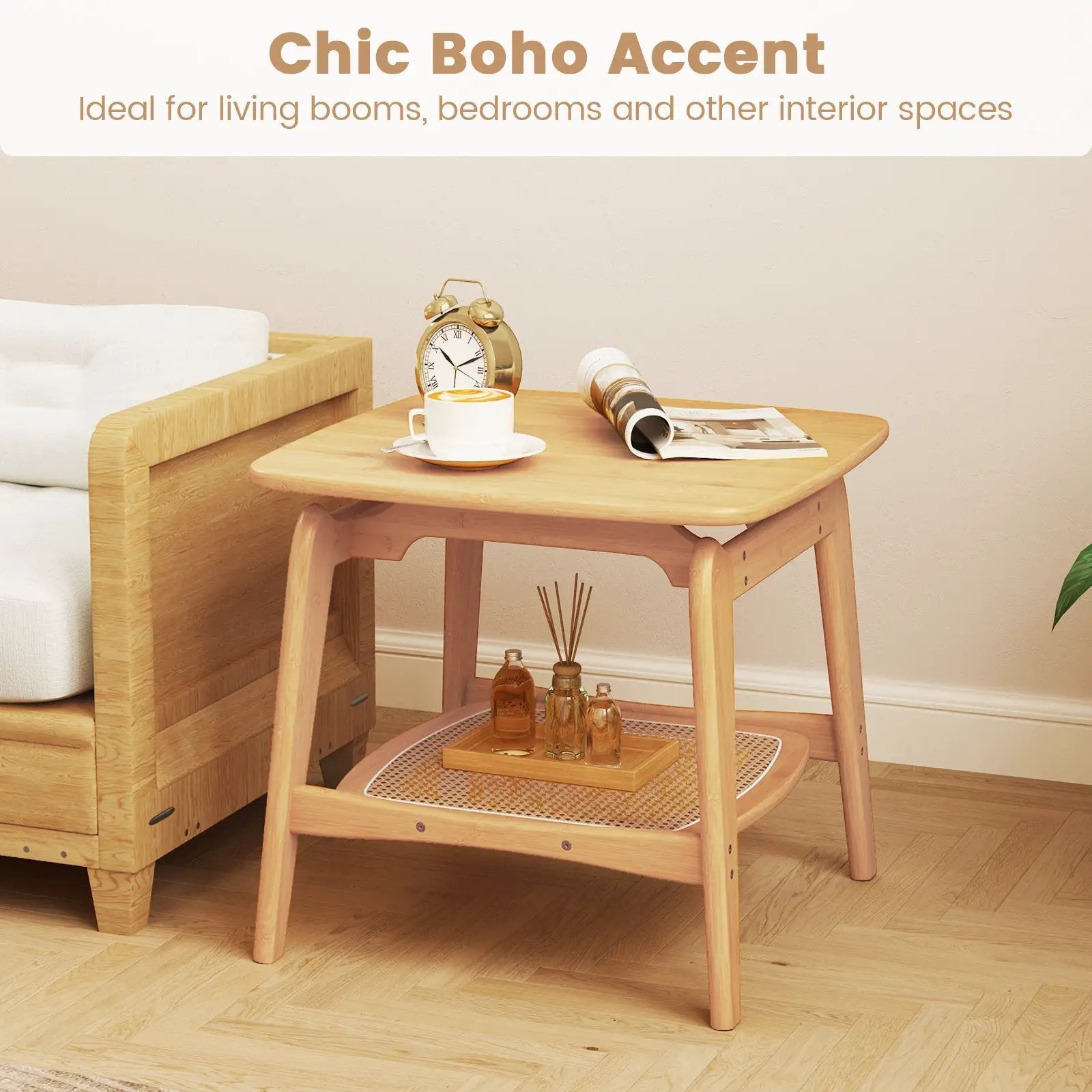 Boho Bamboo Sofa Side Table with Faux Rattan Storage Shelf-Natural by DirectDeals