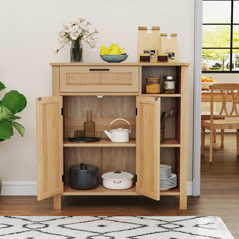 Boho Buffet Sideboard Storage Cabinet with Drawer and Rattan Woven Doors-Natural by DirectDeals