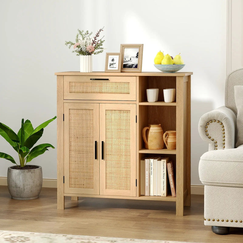 Boho Buffet Sideboard Storage Cabinet with Drawer and Rattan Woven Doors-Natural by DirectDeals
