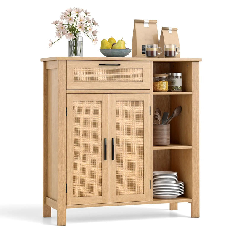 Boho Buffet Sideboard Storage Cabinet with Drawer and Rattan Woven Doors-Natural by DirectDeals