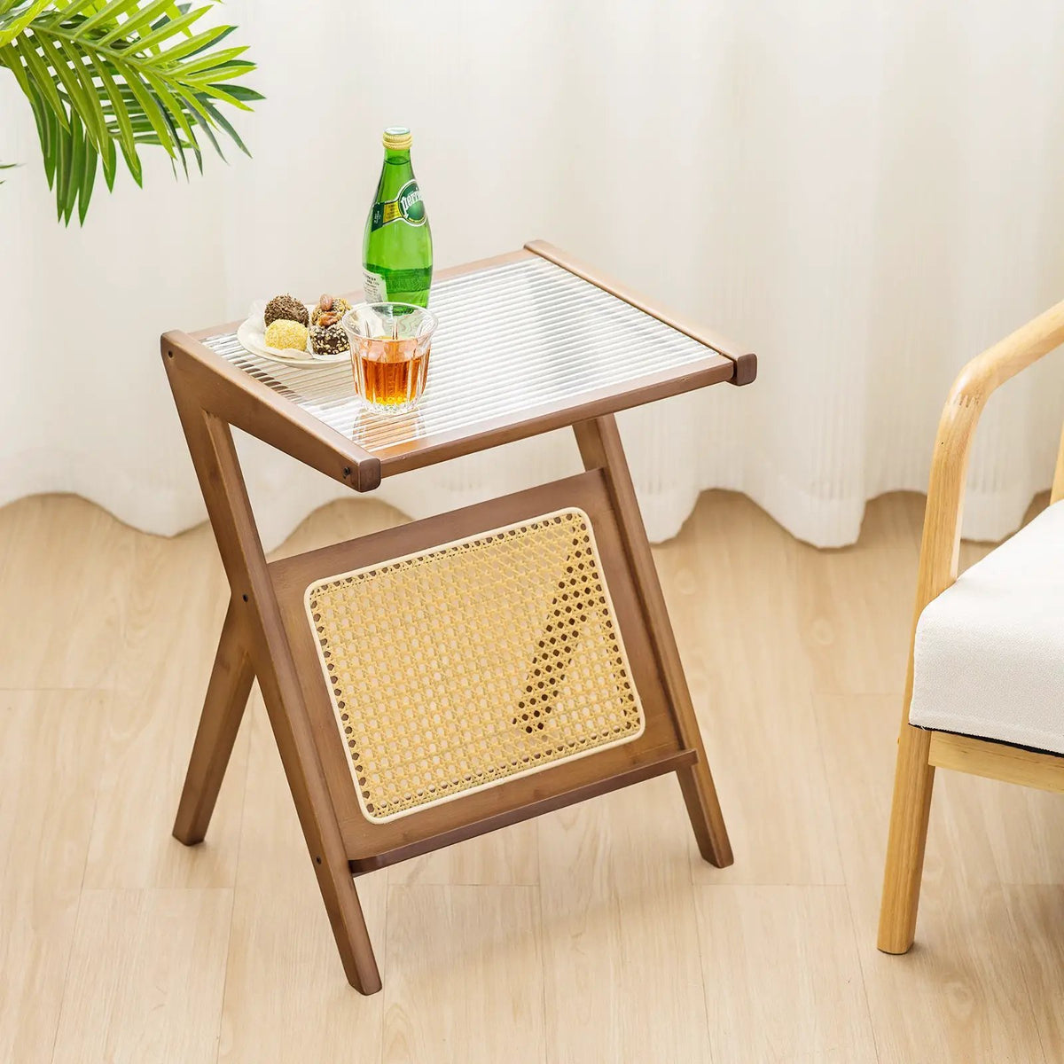 Boho End Table with Magazine Rack and Tempered Glass Top