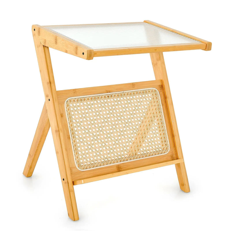 Boho End Table with Magazine Rack and Tempered Glass Top by DirectDeals