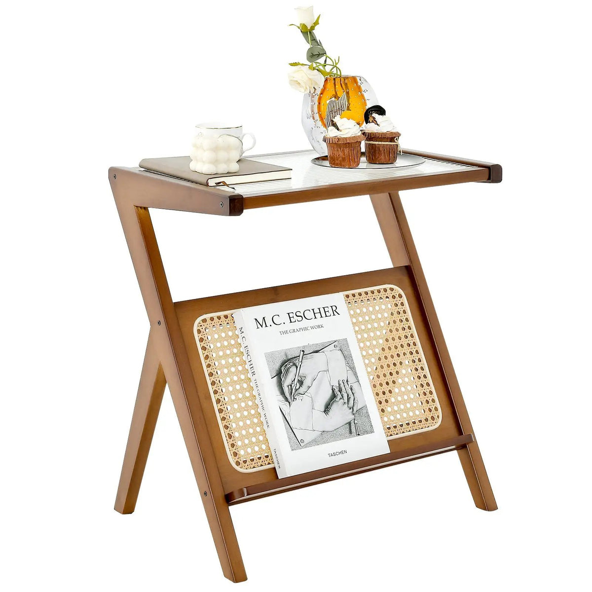 Boho End Table with Magazine Rack and Tempered Glass Top, photo 4 of 9