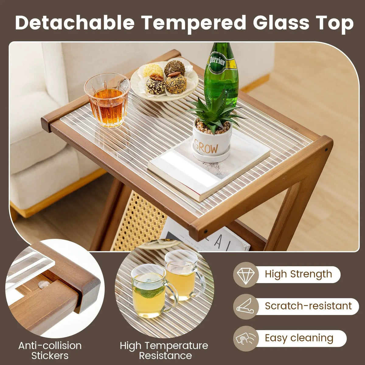 Boho End Table with Magazine Rack and Tempered Glass Top, photo 8 of 9
