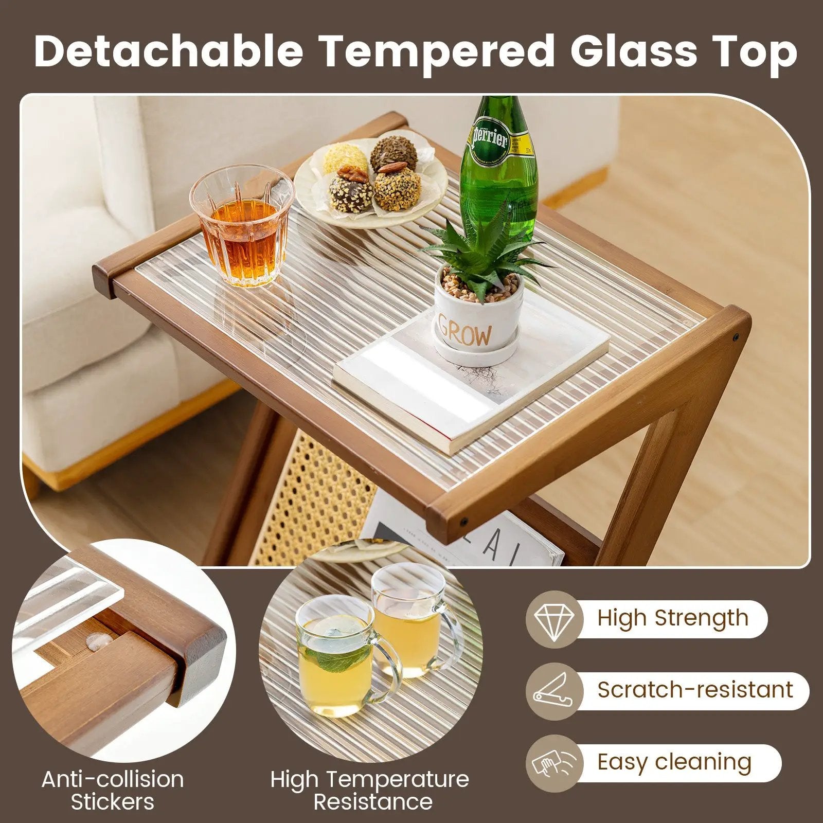 Boho End Table with Magazine Rack and Tempered Glass Top by DirectDeals