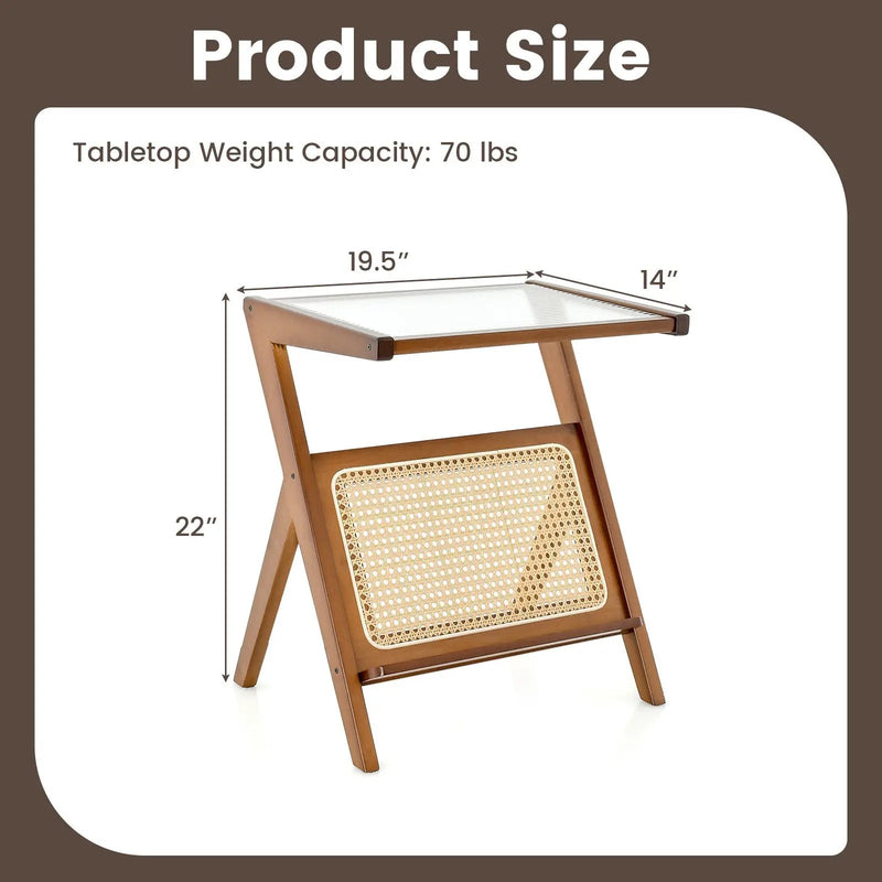 Boho End Table with Magazine Rack and Tempered Glass Top by DirectDeals